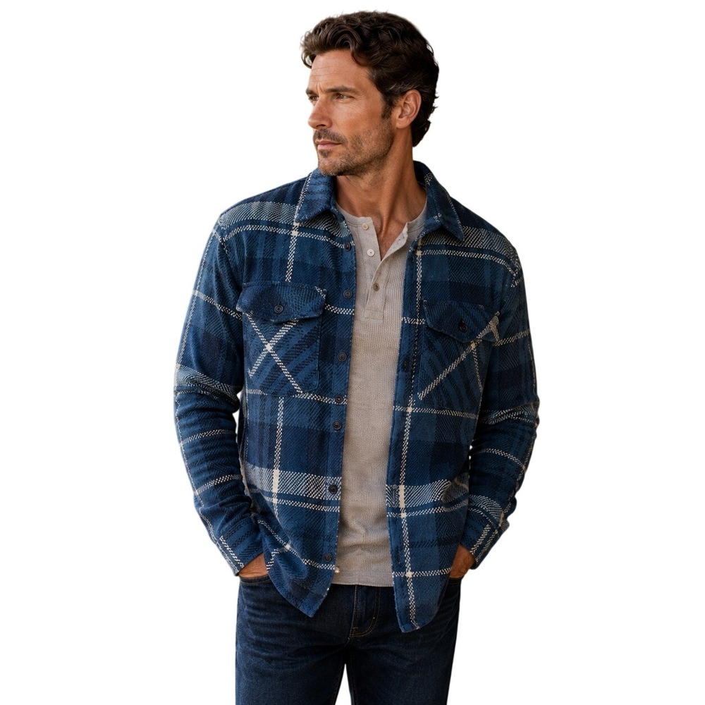 Frye Vintage Indigo Plaid Shirt Jacket Shacket Button Front Mens L NWT - Picture 2 of 15